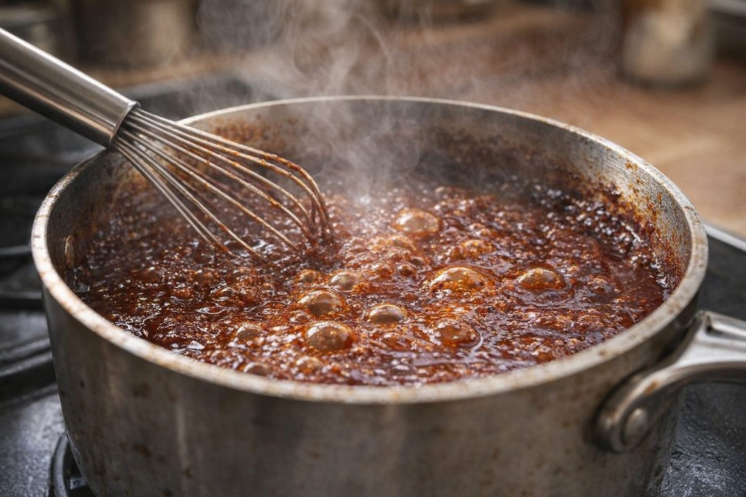 An action shot of BBQ sauce simmering in a saucepan on the stovetop, with steam rising and bubbles forming on the surface, a whisk resting on the side of the pan
